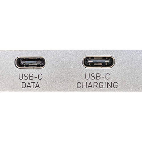 USB Type-C inputs on a portable docking station labeled for data and charging respectively