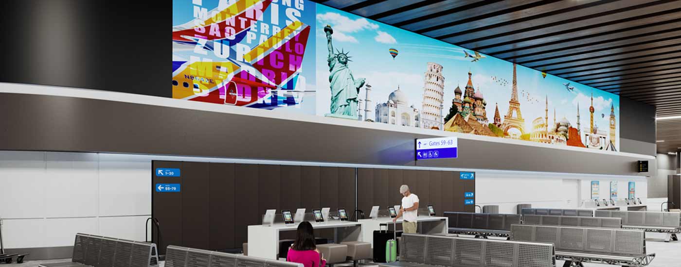 TiLED LED video wall mounting solution in airPort terminal.
